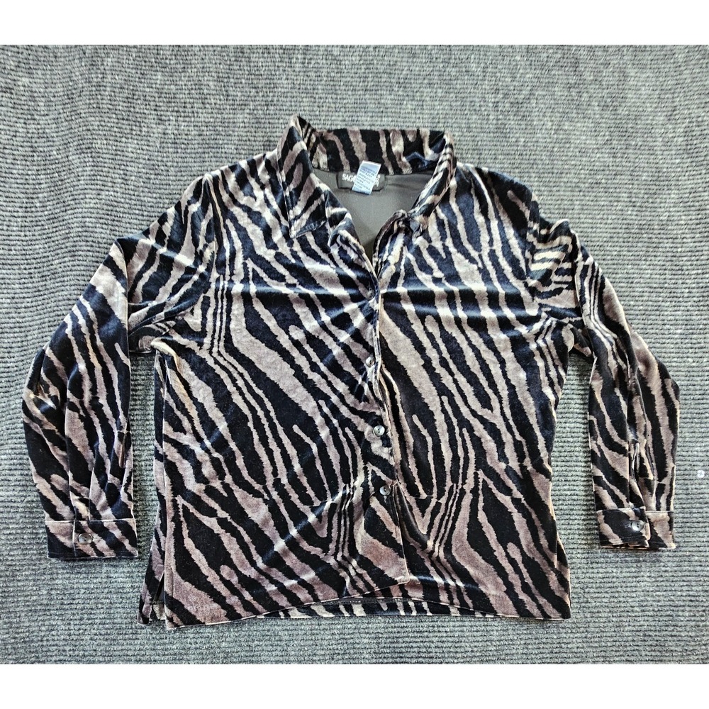 Sag Harbor Velvet Shirt Womens Large Petite Black Brown Animal Print Button Up